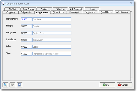 Company Information Window - COGS AccountsTab