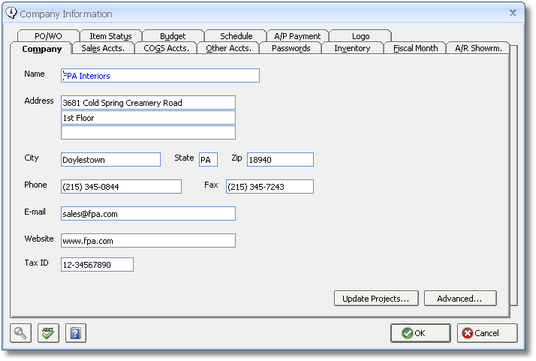 Company Information Window - Company Tab