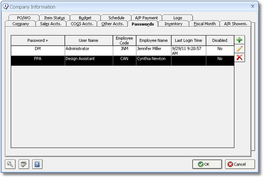 Company Information Window - Passwords Tab