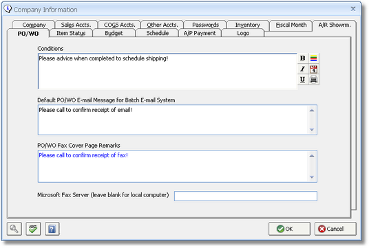 Company Information Window - PO - WO Tab