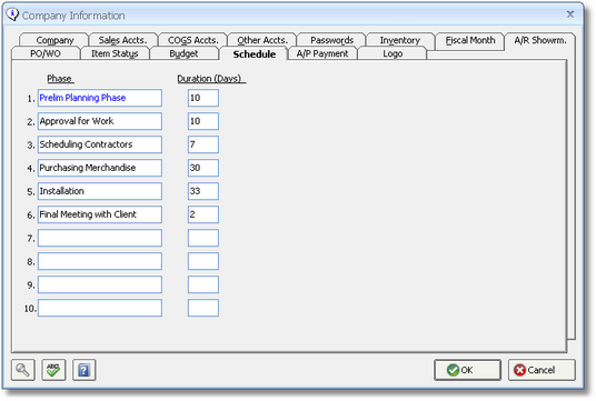 Company Information Window - Schedule tab