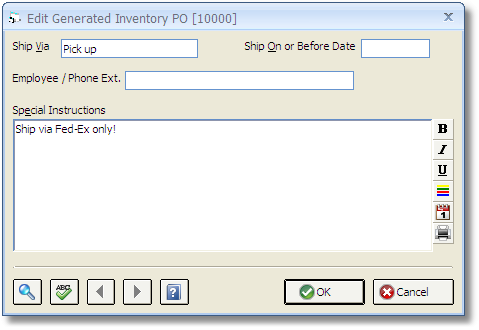 Edit Generated Inventory PO Window