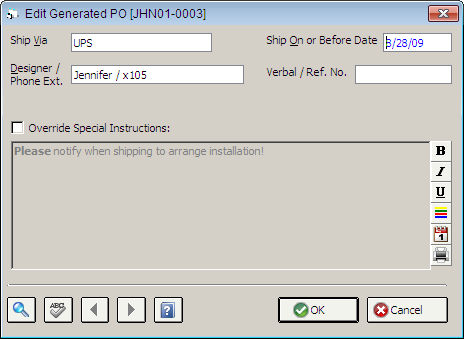 Edit Generated PO Window