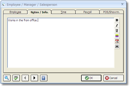 Employee Window - Notes Tab