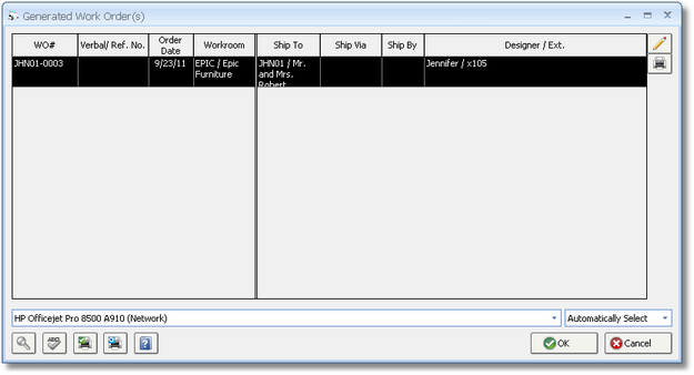 Generated Work Order Window