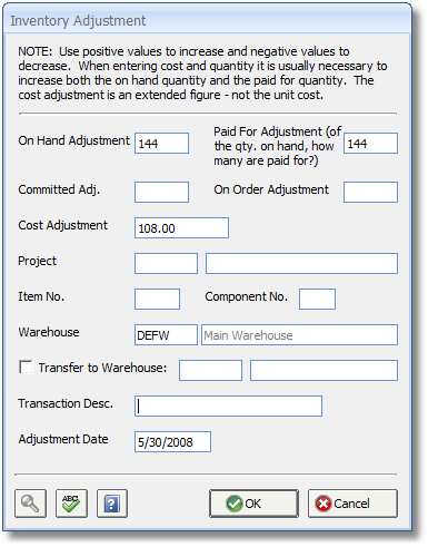 Inventory Adjustments Window