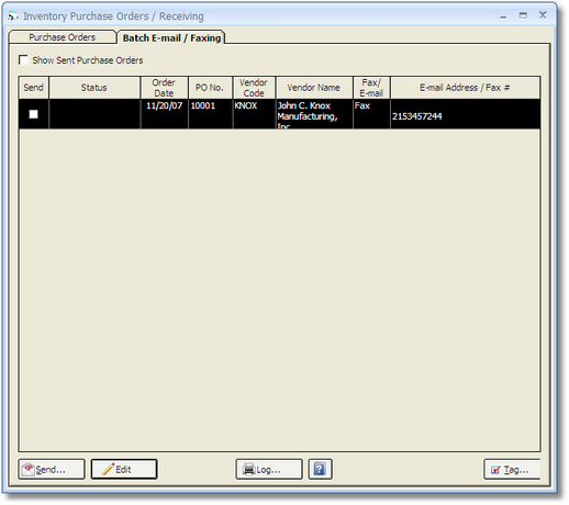 Inventory Purchase Order - Receiving Window - Batch Email - Fax Tab