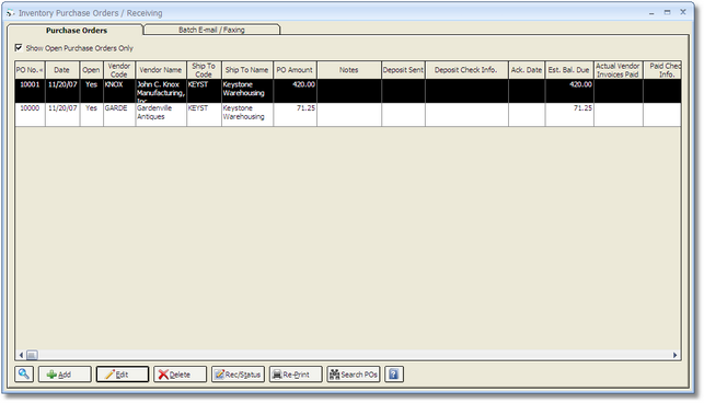 Inventory Purchase Order - Receiving Window - Purchase Orders Tab