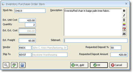 Inventory Purchase Order Item Window