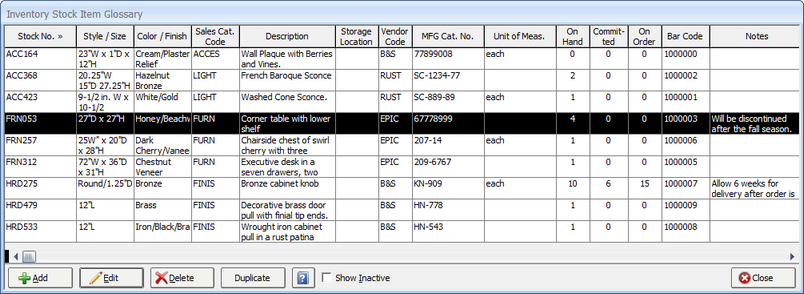 Inventory Stock Item Glossary