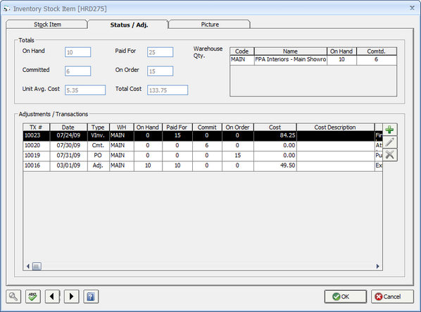 Inventory Stock Item Window - Status - Adjustment Tab