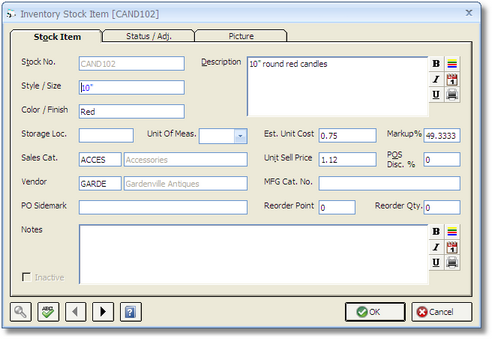 Inventory Stock Item Wndow - Stock Item Tab