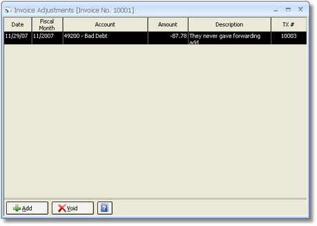 Invoice Adjustments Window