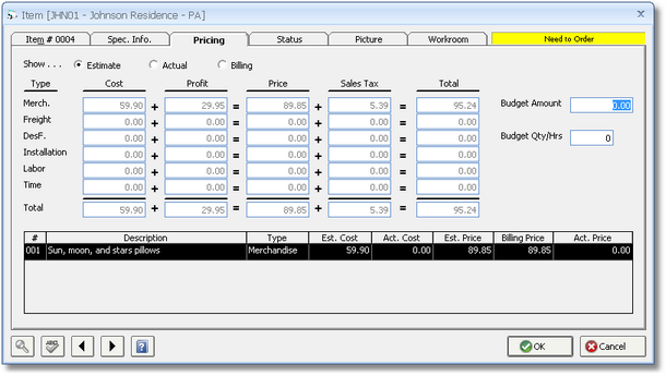 Item Window - Pricing tab