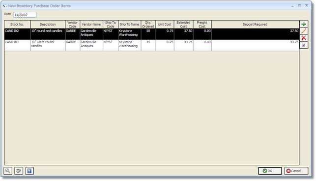 New Inventory Purchase Order Items Window