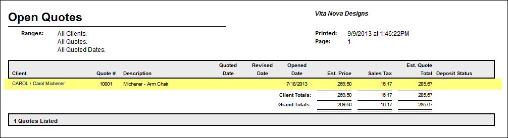 Open Quotes Report example
