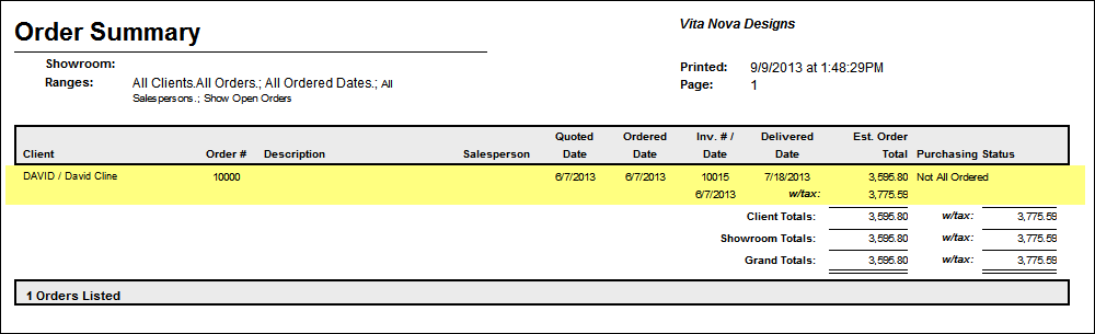 Order Summary Report example