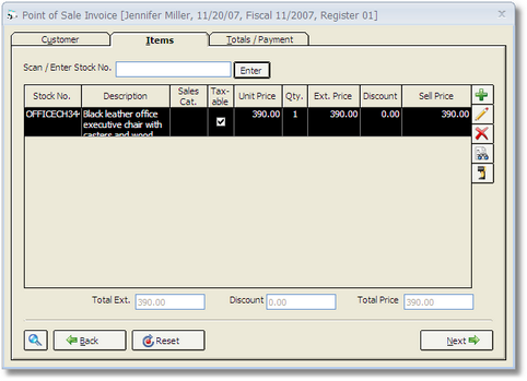 POS Window - Items Tab