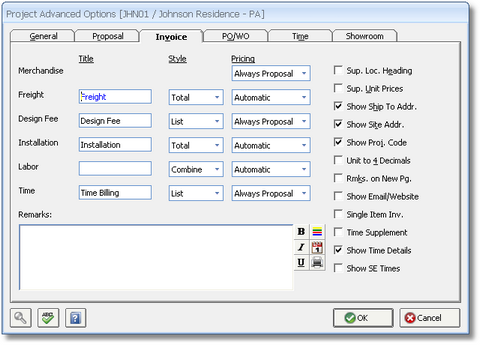 Project Advanced Options - Invoice tab