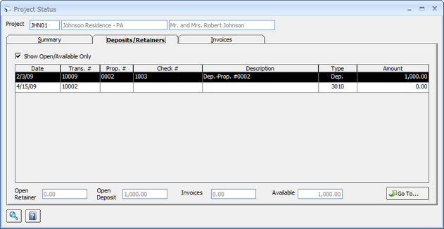 Project Status - Deposits Tab