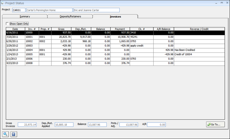 Project Status - Invoices Tab