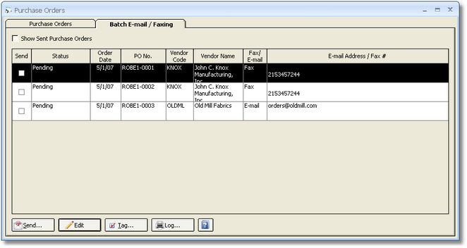 Purchase Orders - Fax Email Tab