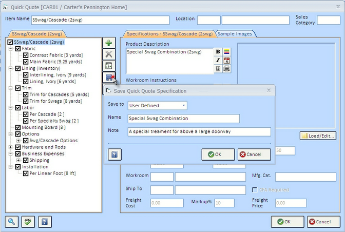 QQ Save Quick Quote Specification with Save button highlighted