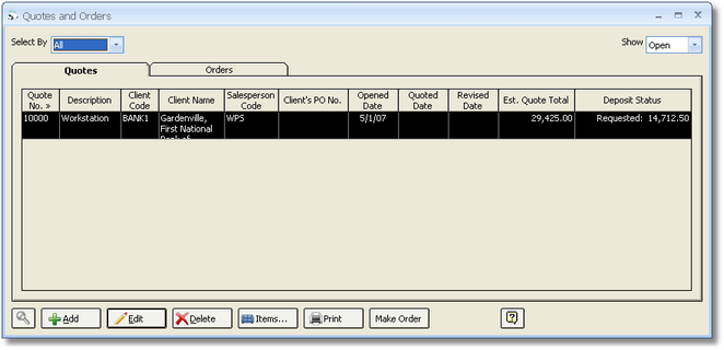 Quotes and Orders Window - Quotes Tab