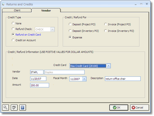 Returns and Credits Window - Vendor Tab