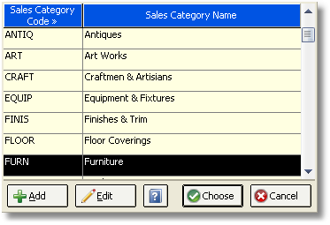 Sales Category Search Window