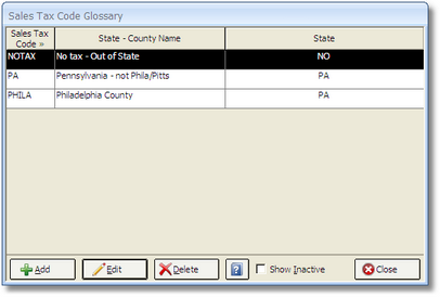 Sales Tax Code Glossary Window