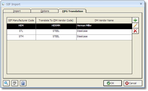 SIF Import Window - MFG Translation Tab
