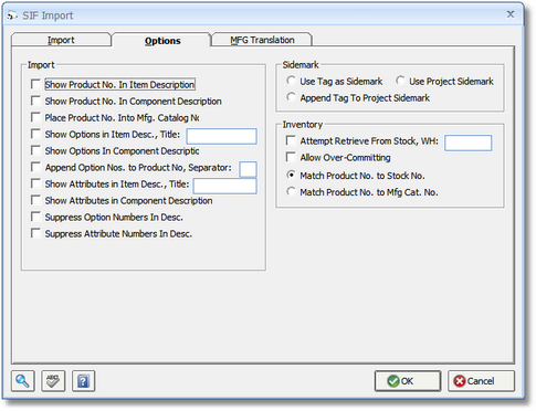 SIF Import Window - Options Tab