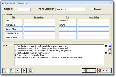 Specification Template Window