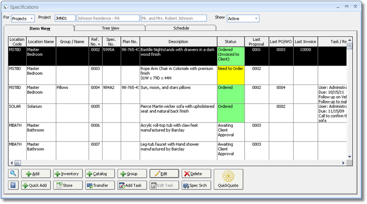 Specification Window - Item Tab