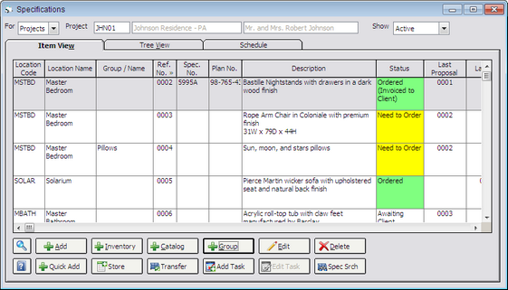 Specification window with group button highlighted
