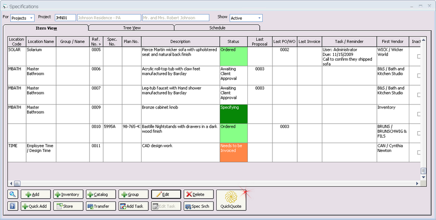 Specifications Window - Quick Quote button