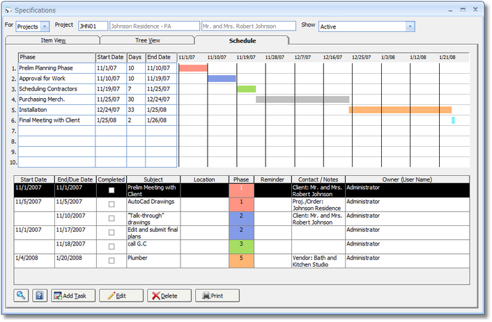 Specifications Window - Schedule Tab