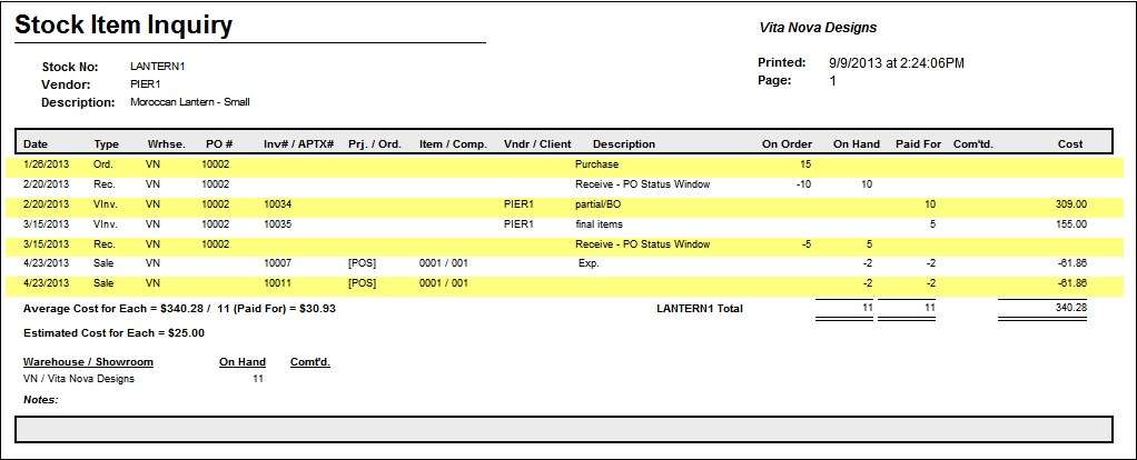 Stock Item Inquiry Report example