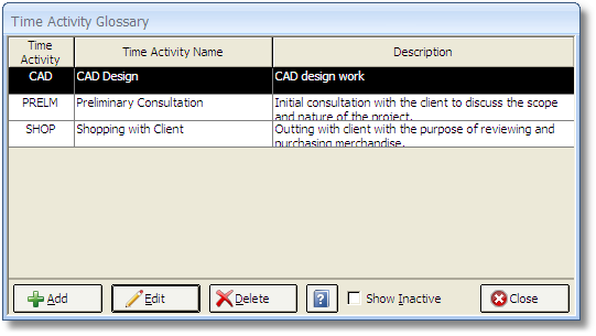 Time Activity Glossary