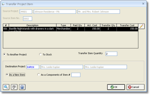Transfer Project Item Window