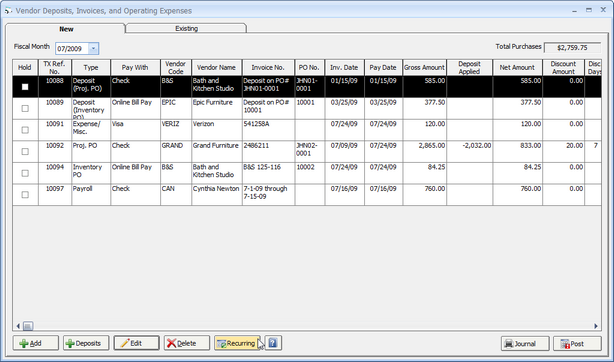Vendor Deposits, Invoices, Operating Expenses - New - Show Recurring Button