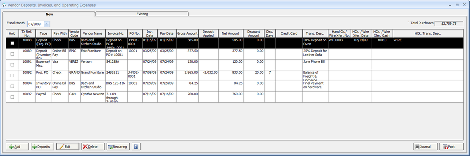 Vendor Deposits, Invoices, Operating Expenses - New