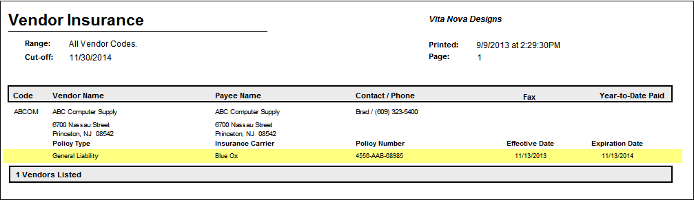 Vendor Insurance Report example