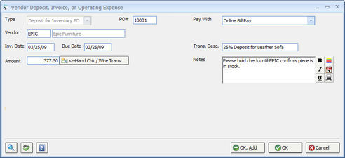 Vendor Invoice - Deposit for Inventory PO