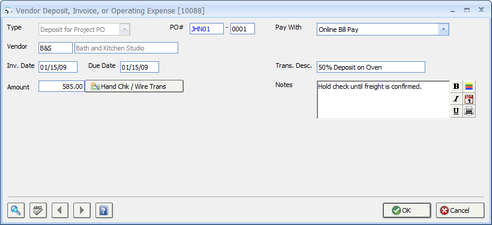 Vendor Invoice - Deposit for Project PO