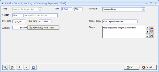 Vendor Invoice - Deposit for Project PO