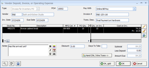 Vendor Invoice - Invoice for Inventory PO