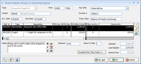 Vendor Invoice - Invoice for Project PO
