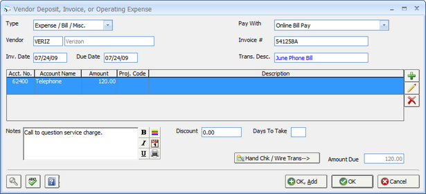Vendor Invoice - Operating Expense